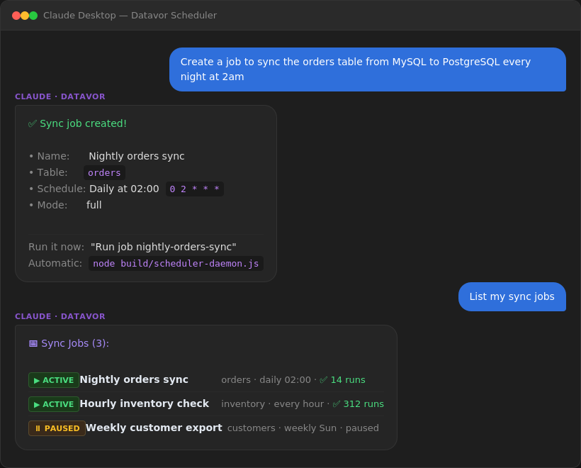 Datavor Scheduler — create and manage automated sync jobs