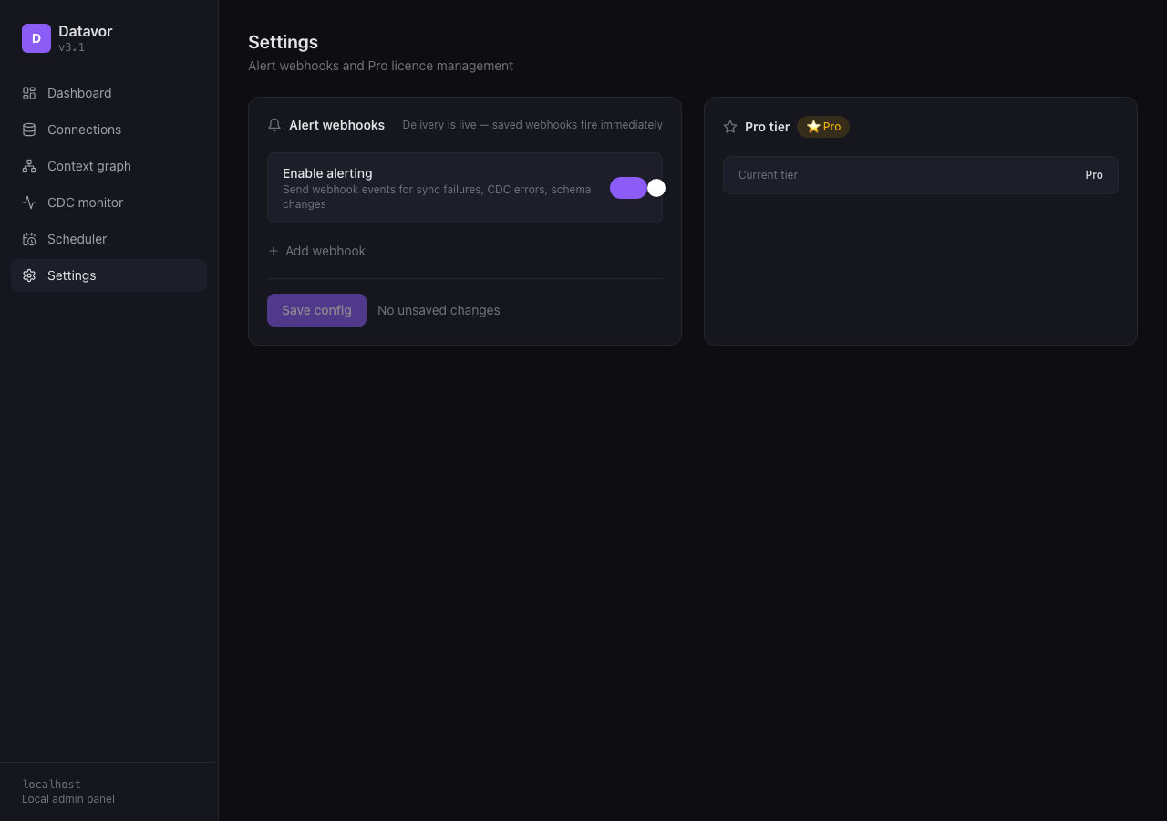 Datavor v3.1 Settings — Pro tier registration & activation flow with launch-week banner